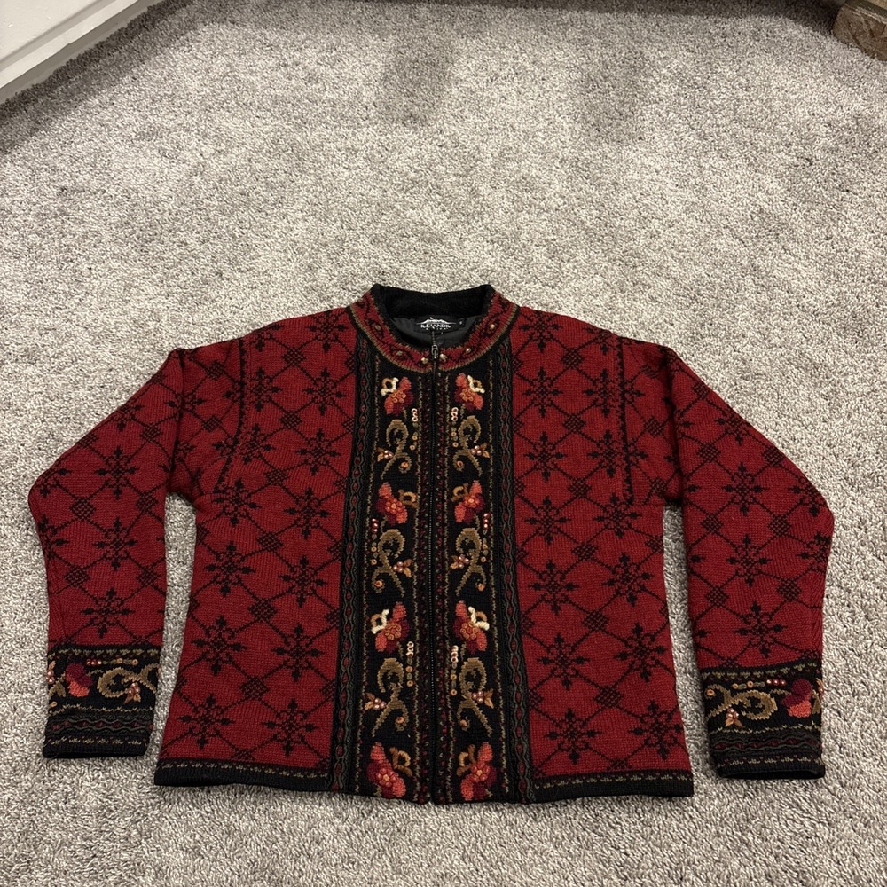 Vintage Icelandic Design Zip Up Size Small Sweater Wool Blend Flowers Red Black